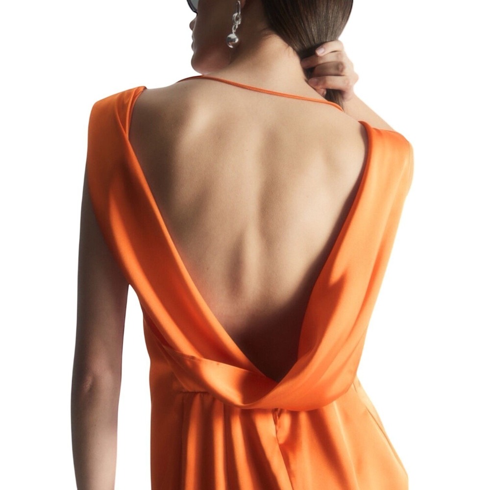 NWT COS Draped‎ Open Back Orange Satin Mini Dress 12 Quiet Luxury Cocktail